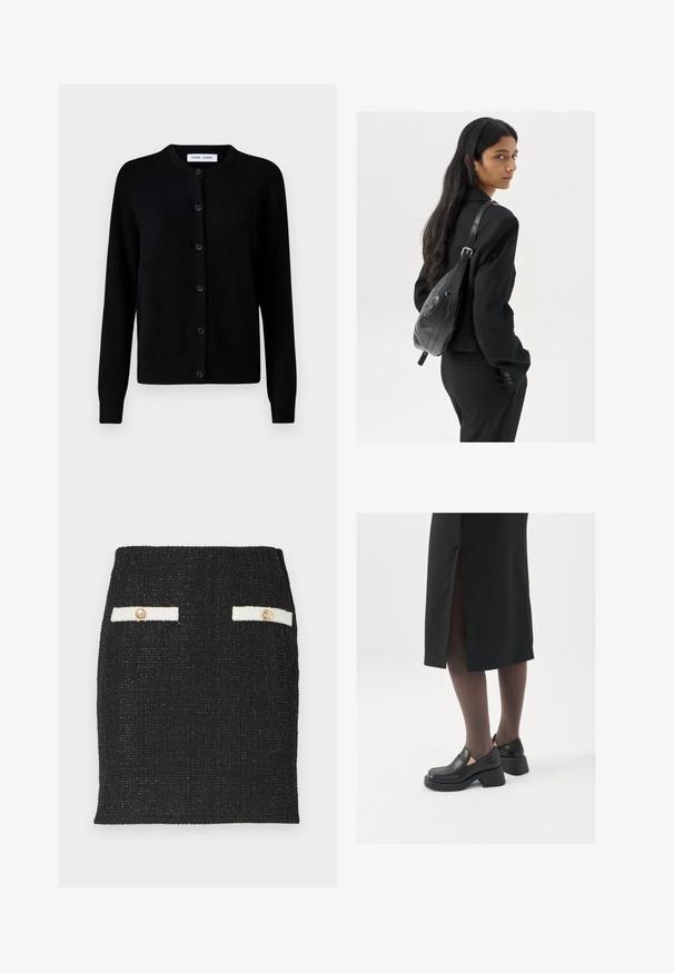 Crna pletena veste s okruglim izrezom, prednjim zatvaranjem na dugmad, dugim rukavima, rebrastim manžetama i rubom, izrađena od meke vune.; Bijela majica bez rukava napravljena od rebraste tkanine, s okruglim izrezom i uklapajućim siluetom, s minimalnim šavovima i bez ukrasa.; Crna suknja od tvida s teksturiranim materijalom i pripijenim dizajnom. Sadrži dva bijela dodatka na džepovima s zlatnim gumbima.; Crne kožne cipele s zaobljenim vrhom, debelim blok petama i elastičnim bočnim detaljima, uparene s tamnim čarapama i crnom suknjom s prorezom.; Žena s dugom tamnom kosom koja nosi crno odijelo, drži crnu kožnu torbu preko ramena i gleda unazad na bijeloj pozadini.