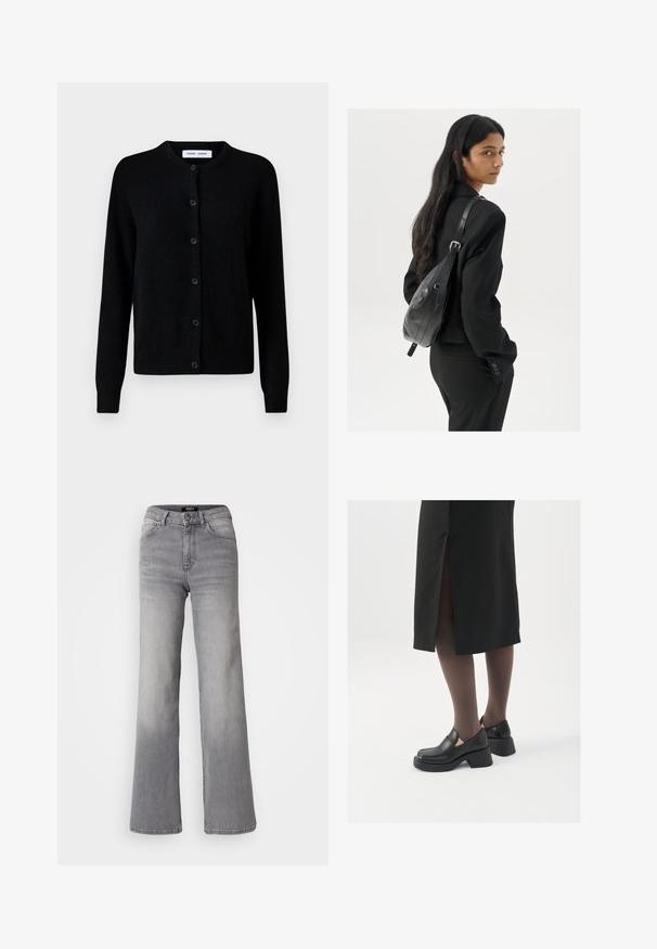 Cárdigan negro de punto con escote redondo, cierre frontal de botones, mangas largas, puños y dobladillo a rayas, hecho de suave tejido de lana.; Top de tirantes blanco sin mangas hecho de tela acanalada, con un escote redondeado y una silueta ajustada, con costuras mínimas y sin adornos.; Vaqueros de mezclilla gris de pernera recta y cintura alta, con botón y cremallera frontales, bolsillos delanteros y traseros, y efectos de desvanecimiento en los muslos y las pantorrillas.; Zapatos de piel negra con punta redondeada, tacón grueso y bloque, y acentos elásticos en los laterales, combinados con unos pantys oscuros y una falda negra con una abertura.; Mujer con cabello largo y oscuro vestida con un traje negro, llevando un bolso de cuero negro al hombro, mirando por encima de su hombro contra un fondo blanco.