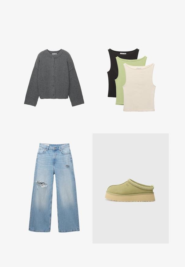 Šedý pletený kardigán s okrúhlym výstrihom, spustenými ramenami, zapínaním na gombíky a rebrovanými manžetami na rukávoch a spodnom okraji.; Tričko bez rukávov v čiernej, svetlozelené a béžovej farbe. Každé z nich má okrúhly výstrih a mäkkú, rebrovanú textúru.; Svetlomodré široké džínsy vyrobené z denimu, s vypálenými miestami na kolenách a dizajnom s piatimi vreckami. Čistý, priamy lem.; UGG TAZZ II - Dreváky - muted brass