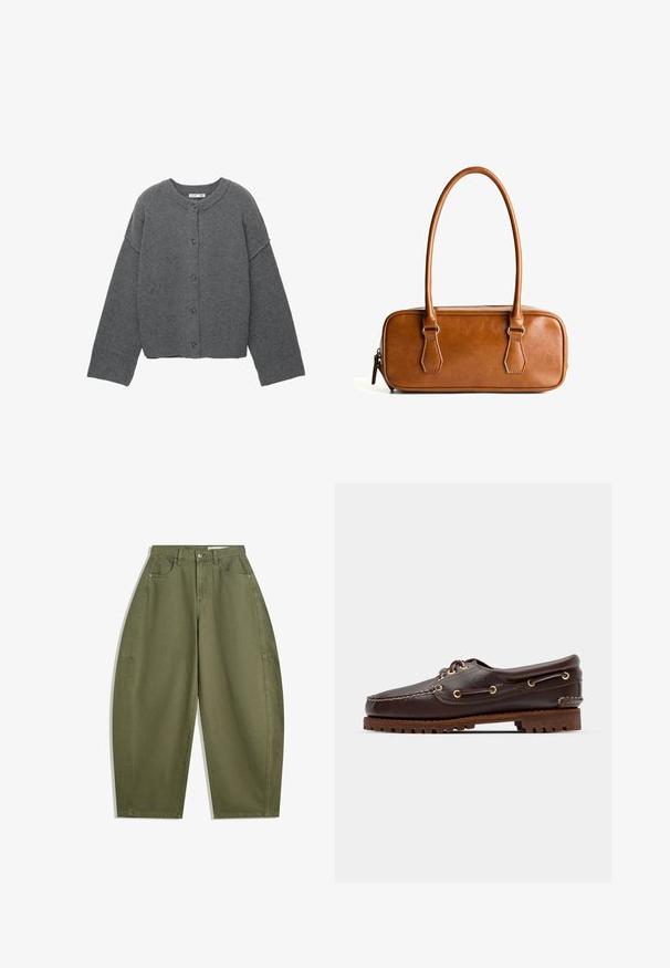 Cardigan grigio lavorato a maglia con scollo rotondo, spalle cadenti, chiusura con bottoni e polsini e orlo a coste.; Maglietta a maniche lunghe con colletto rotondo color crema, decorata con righe orizzontali color marrone scuro, caratterizzata da una vestibilità rilassata e una texture del tessuto morbida e liscia.; Pantaloni a gamba larga verde oliva in cotone, con vita alta, tasche frontali e una superficie liscia. Senza decorazioni né motivi.; Scarpa da barca in pelle marrone con occhielli dorati, lacci tondi e una suola in gomma marrone texturizzata. Presenta dettagli cuciti e un logo in rilievo.; Borsa a tracolla in pelle marrone con due manici lunghi, forma rettangolare, texture liscia, chiusura con zip e dettagli in metallo color argento.