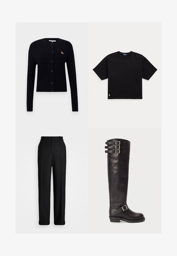 Μαύρη μακριά μπουφάν με κουμπιά και μανίκια με ρίγες, με ένα μικρό λογότυπο πορτοκαλί αλεπούς στο αριστερό στήθος.; Μαύρο βαμβακερό t-shirt με κοντά μανίκια, στρογγυλή λαιμόκοψη και μικρό λευκό λογότυπο στο κάτω αριστερό μέρος. Κλασική, τετράγωνη εφαρμογή με ελάχιστες λεπτομέρειες.; Polo Ralph Lauren HIGH RISE RELAXED STRAIGHT TROUSER - Παντελόνι - black; Μαύρη δερμάτινη μπότες μέχρι το γόνατο με στρογγυλή μύτη, τρεις ιμάντες με πόρπες στην κορυφή και λεπτομέρεια με πόρπα στο πλάι. Χαμηλή σόλα και λεία υφή.