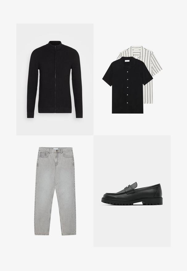 Melna zip-up džemperis ar stāvu apkakli. Izgatavots no teksturēta adījuma materiāla. Garas piedurknes un taisns griezums ar ribota materiāla aprocēm un apakšmalu.; Divi īsām piedurknēm krekli: viens pilnīgi melns, otrs balts ar melnām vertikālām svītrām. Abi ir aprīkoti ar pogu aizdari un klasisko apkakli.; Gai pelēko džinsu bikses ar taisnajām kājām, piecu kabatu stilu un pogu aizdari. Redzama šuvju apstrāde gar šuvēm.; Melnas ādas loafers ar noapaļotu purngalu, ar izšūtu dizainu, zemu platformas zoli un teksturētu, rievotu gumijas ārējo zoli.