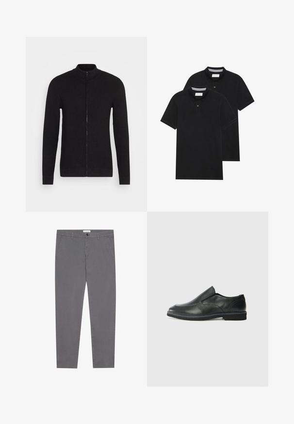 Fekete zipzáros pulóver, álló gallérral. Texturált kötött anyagból készült. Hosszú ujjú, egyenes vonalú, bordázott mandzsettákkal és szegéllyel.; Két fekete pólóing, rövid ujjú, pamut anyagból készült, klasszikus gallérral, két gombos gombolással, és fehér csíkos díszítéssel a gallér belső részén.; Szürke pamut nadrág, slim fit szabással, két elülső zsebbel, egy hátsó zsebbel és gombos derékzáródással.; Fekete bőr, slip-on cipő sima felsőrésszel, varrott díszítéssel, lekerekített orral és alacsony gumitalppal. A talpa minimális bordázattal rendelkezik.