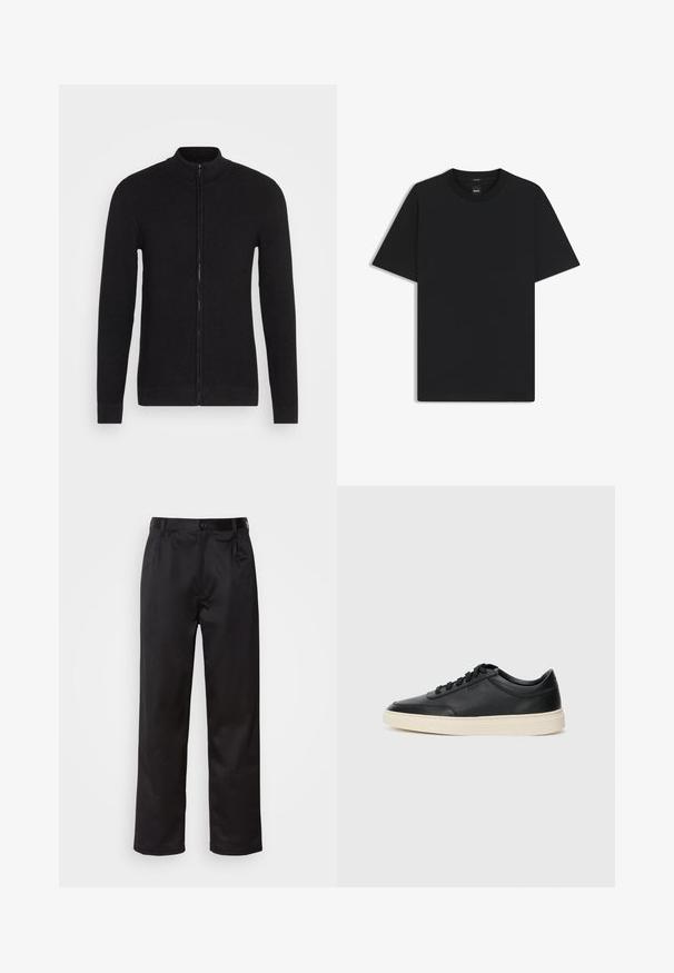 Mustassa vetoketjullisessa neulepaidassa on pystykaulus. Se on valmistettu teksturoidusta neulekankaasta. Pitkissä hihoissa on suora leikkaus ja resorit hihoissa sekä helmassa.; Musta lyhythiha T-paita, joka on valmistettu sileästä puuvillasekoitteesta. Paita on varustettu pyöreällä pääntiehen ja siinä on minimaalinen muotoilu ilman kuvioita tai yksityiskohtia.; Musta housut sileästä kankaasta, joissa on etupainike, laskokset ja suorat lahkeet. Ei näkyviä kuvioita tai korostuksia.; Musta matalavartinen nahkastretchu, jossa on mustat nauhat ja vaaleanharmaa pohja, esitetty sivuprofiilissa valkoista taustaa vasten.