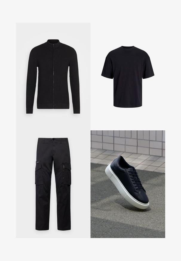 Juodas zip-up megztinis su stovinčiu apykaklės kraštu. Pagamintas iš tekstūrinio megztinio medžiagos. Ilgi rankovės ir tiesus siluetas su nuskaitytais rankogaliais ir apatine dalimi.; Juodas medvilninis marškinėlis su apvaliu iškirpimu, trumpomis rankovėmis ir laisvu siluetu. Glotni tekstūra, be matomų raštų ar akcentų.; Juodos krovinių kelnės, turinčios kelis kišenes, užtrauktuku uždaromą kišenę ant šlaunies, tiesaus kirpimo ir tvirtos medvilnės audinys su nežymiu blizgesiu.; Juodas odinis sportbačius su apvaliu pirštu ir baltu gumuotu padu. Turi plokščias raišteles ir minimalų siuvimą viršuje. Padangos tekstūra užtikrina sukibimą.