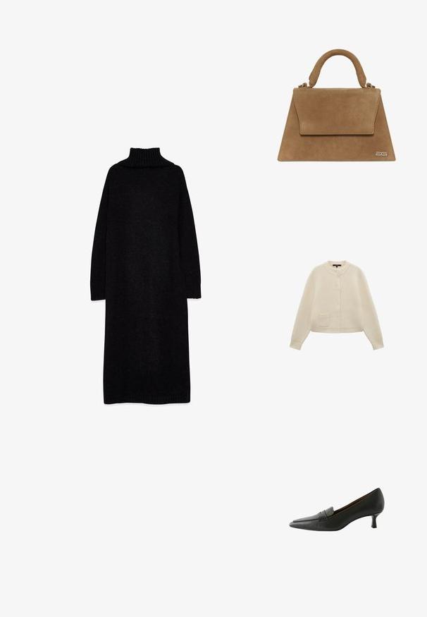 Lichtbeige cardigan gemaakt van zacht breimateriaal, met een ronde hals, knopen aan de voorkant en een klein zakje aan de linkerkant.; Lang zwart coltrui jurkje gemaakt van een zachte gebreide stof, met ribgebreide manchetten en kraag, in een ontspannen, oversized pasvorm.; Zwarte leren hoge hak schoen met een spitse neus en een decoratieve band. Heeft een lage stiletto hak en een gladde textuur.; Bruin suède handtas met een gestructureerde driehoekige vorm, een handvat aan de bovenkant en een klepsluiting. Kenmerkt subtiele logo-details aan de zijkant.