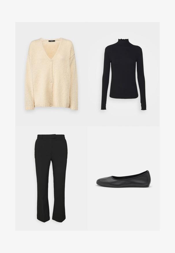 Cream-colored cardigan made of soft, textured yarn. Features a V-neck, long sleeves, and a front button closure with a single button.; Black long-sleeve turtleneck top made of smooth fabric, featuring a ruffled neck and fitted silhouette with simple edges.; Black tailored pants with a straight-leg design, featuring belt loops and side pockets. Made from smooth fabric with a clean finish.; Black leather ballet flat with a rounded toe, smooth texture, minimal stitching detail, and a flexible sole design.