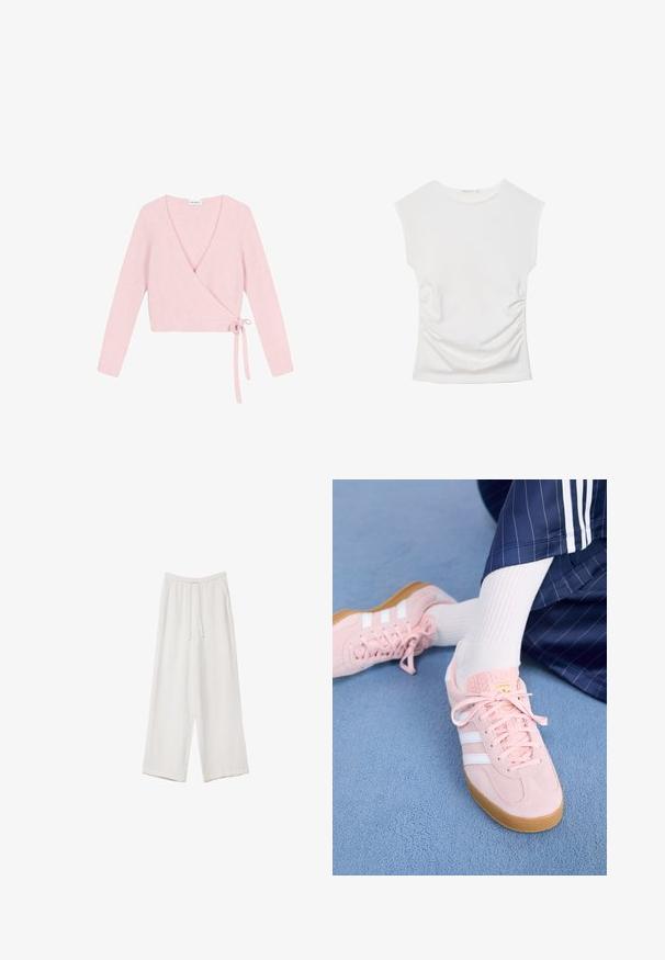 Sweter w formie owinięcia z miękkiego, jasnoróżowego materiału. Posiada długie rękawy, głęboki dekolt w kształcie litery V oraz zapięcie na wiązanie z boku. Ma fakturę o puszystym wykończeniu.; Biały bezrękawnik z okrągłym dekoltem i delikatnym marszczeniem po bokach, ułożony płasko na białym tle.; Białe spodnie o szerokich nogawkach wykonane z lekkiego materiału. Posiadają elastyczny pas z sznurkiem i boczne kieszenie. Gładka tekstura.; Jasnoróżowe zamszowe sneakersy z białymi paskami i sznurówkami, z teksturowanym językiem i gumową podeszwą, umieszczone na niebieskim dywaniku.