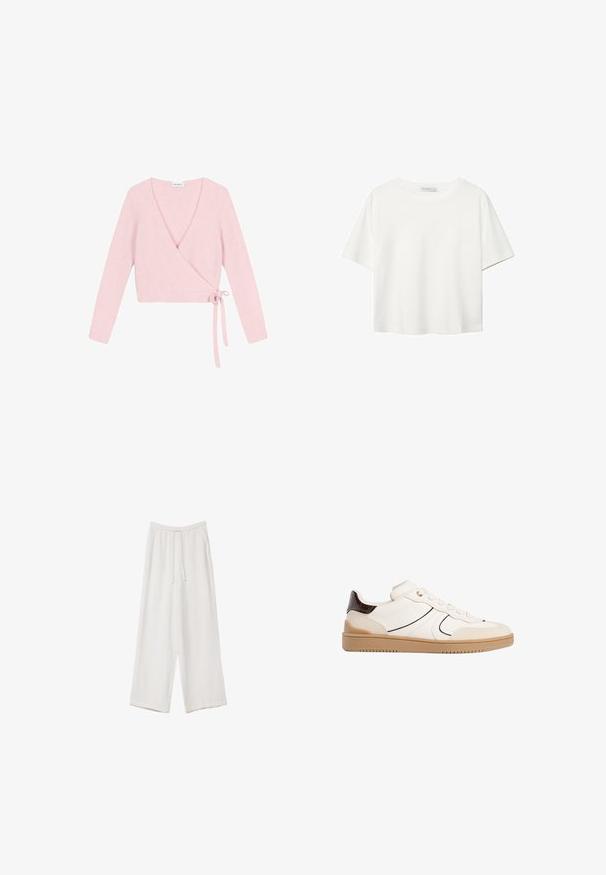 Pletena jopica iz mehkega, svetlo roza materiala. Ima dolge rokave, globok V-izrez in zavezan zaveznik na strani. Ima teksturo z mehkim finišem.; Bela kratka majica s kratkimi rokavi iz bombaža. Ima okroglo izrezovanje in sproščen kroj. Gladka tekstura brez vidnih vzorcev ali poudarkov.; Bele široke hlače iz lahkega materiala. Imajo elastičen pas s vrvico in stranske žepe. Gladka tekstura.; Stradivarius Športni copati - white