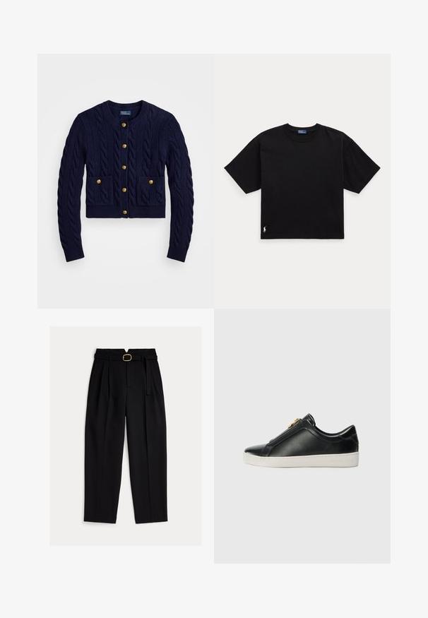Námořnický modrý pletený cardigan s kabelkovým vzorem, se zlatými knoflíky a dvěma předními kapsami. Zkrácená délka, žebrované manžety a lem.; Černé bavlněné tričko s krátkým rukávem, kulatým výstřihem a malým bílým logem v dolním levém rohu. Klasický, boxy střih s minimálním detailem.; Černé kalhoty s vysokým pasem, páskem v pase, sklady vpředu a širokými nohavicemi. Vyrobené z hladké látky s klasickým střihem.; Černé kožené nazouvací boty s vyvýšeným švem, detail stříbrného kování na svršku a bílá gumová podrážka s raženým logem.