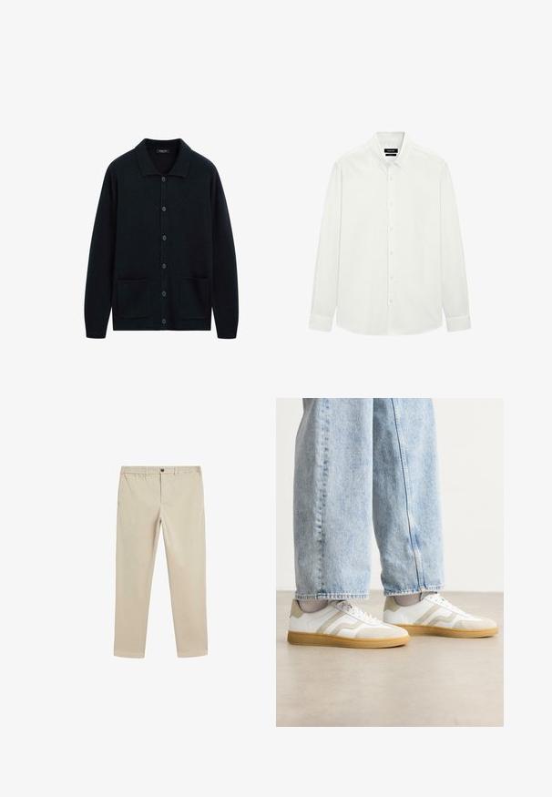 Ciemnoniebieski kardigan zapinany na guziki, wykonany z miękkiej tkaniny, z usztywnionym kołnierzem, dwiema przednimi kieszeniami oraz luźnym krojem.; Biała koszula z długim rękawem, zapinana na guziki, z kołnierzykiem zapinanym na guziki i standardowymi mankietami, prezentowana na płasko na białym tle.; Beżowe bawełniane spodnie z elastycznym paskiem, zapięciem na guzik, prostym krojem nogawki oraz standardowymi kieszeniami po bokach i z tyłu.; Białe sneakersy z beżowymi zamszowymi akcentami i jasnymi gumowymi podeszwami; charakteryzują się niskim krojem i teksturowanymi detalami na cholewce.