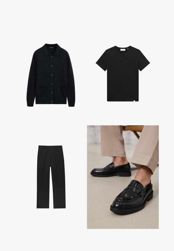 Tmavě modrý button-up cardigan vyrobený z měkké tkaniny, s pevným límcem, dvěma předními kapsami a uvolněným střihem.; Černé tričko s krátkým rukávem vyrobené z bavlny, s kulatým výstřihem a malým vyšitým logem na hrudi. Hladká textura, standardní střih.; Černé kalhoty s rovnými nohavicemi, vyrobené z hladké tkaniny. Mají přední záhyby a jedno knoflíkové zapínání v pase.; Černé kožené loafers s hladkým povrchem, zdobené páskem a kontrastním prošíváním, spárované s béžovými kalhotami.