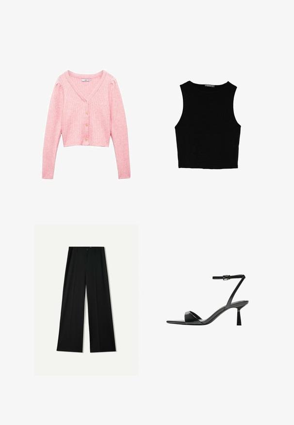 Mango POMME - Kofta - pink; Svart ärmlös crop top i mjukt tyg, med rund hals och en ren, enkel design utan mönster eller detaljer.; Bershka WIDE - Tygbyxor - black; Bershka Sandaletter - black