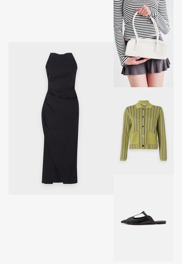 Vihreä raidallinen neuletakki, jossa on kaulusrintaneule, siniset ja hopeiset pystyrivit, kaksi etutaskua ja mustat napit.; Marella ELEGIA - Juhlamekko - nero; Musta nahkasandaali, jossa on terävä kärki, somistettuna kudotulla yksityiskohdalla ja pleatatuilla yläosilla. Litteä pohja, jossa on vähäisiä tarvikkeita.; Valkoinen krokotiiliraidallinen käsilaukku, jossa on kaksi kahvaa, suorakulmainen muoto ja vetoketjukiinnitys. Esitetty vaaleaa taustaa vasten.