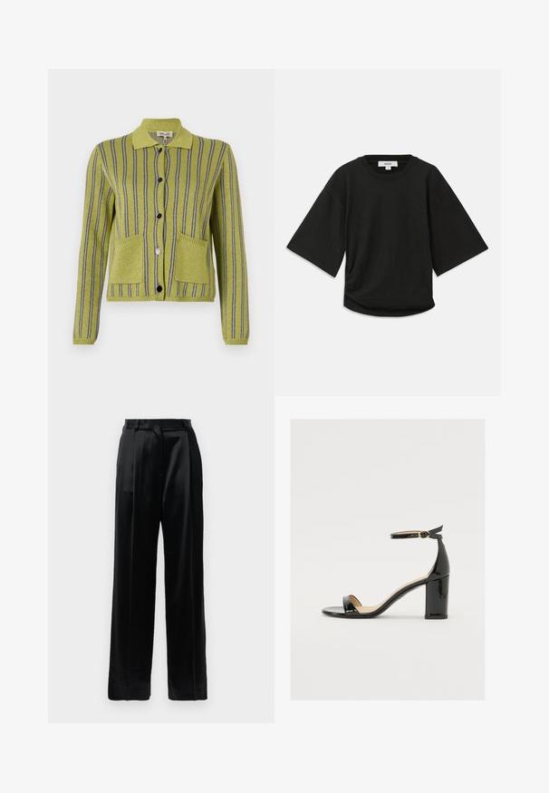 Roheline triibuline kardigan, millel on krae ja sinised ning hõbedased vertikaalsed triibud, kaks eesmist taskut ja mustad nupud.; Must have lühikeste varrukatega must t-särk, mis on valmistatud pehmest puuvillast, ringikujulise kaelusega ja vabalt langenud lõikega, millel on külgedel peen volditud detail.; Mustad kõrge vöökohaga satiinstruktuuriga püksid, sirgete laiade jalgadega, vööloopide ja lapiku eeskinni sulgemisega valge tausta ees.; Must musta nahk sandaalid laia kanna, avatud varvaste ja ankletihaga, millel on kuldne pandla. Sile tekstuur ja elegantne disain.