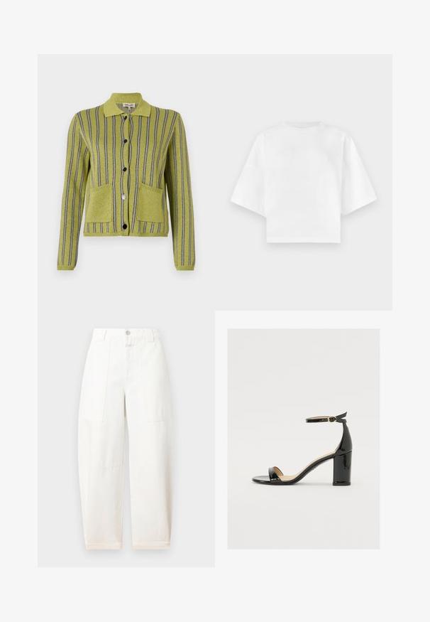 Grönrandig cardigan med krage, med blå och silvriga vertikala ränder, två framfickor och svarta knappar.; Vit kort t-shirt i bomull med korta ärmar, rund halsringning och minimala sömdetaljer. Slät yta.; CLOSED RHANNON - Wide leg - ivory; Svart lacklädersandal med bred klack, öppen tå och ankelsnöre med ett gyllene spänne. Slät textur och elegant design.