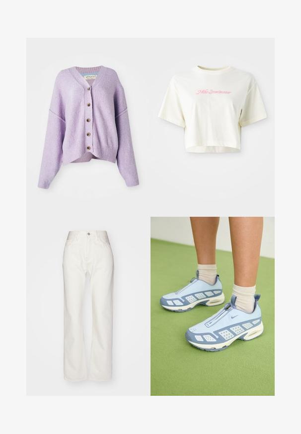 Lila kardigāns ar V-veida kakla izgriezumu, pārāk lielu piegriezumu, ribotu apakšmalu un piecu pogu priekšējo aizdari. Mīksta tekstūra ar smalku auduma rakstu.; Izgriezta, krēmkrāsas T-kreklu, kas izgatavots no kokvilnas. Piedāvā rozā izšūtu logotipu ar uzrakstu "Nike Sportwear". Īsas piedurknes un apaļa izgriezuma kakla vieta.; Baltās denima bikses ar augstu vidukli un plašu piegriezumu. Iezīmējas ar pogu un rāvējslēdzēja aizdari, jostu cilpiņām un smalkiem šķiedru akcentiem.; Gaiši zili sporta apavi ar baltajiem akcentiem, teksturētām paneļiem un ar rāvējslēdzēja aizdari. Raksturīga redzama gaisa amortizācijas zole un gumijas zole.