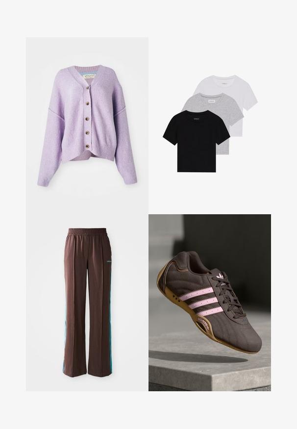 Cardigã lilás com decote em v, ajuste oversized, bainha canelada e fechamento frontal com cinco botões. Textura suave com padrão tecido sutil.; Conjunto de três t-shirts de manga curta nas cores preto, cinza e branco. Feitas em algodão, com gola redonda e um design simples, em cores sólidas.; Calças atléticas castanhas com uma textura canelada, cintura elástica e riscas laterais turquesa. Apresentam o logo da adidas na frente.; Sapatilha atlética de camurça castanha com riscas e logótipo rosa, apresentando um upper texturizado, fecho de atacadores e uma sola de borracha de goma.