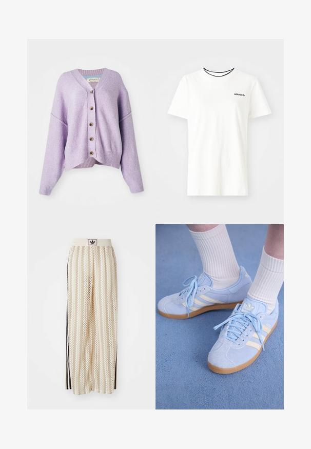 Lavendelvärviga kardigan, millel on V-kaelus, oversized sobivus, soonikkoes alläär ja viie nupuga eesmine sulgemine. Pehme tekstuur koos peene kootud mustriga.; Valge puuvillasest t-särgist lühikeste varrukatega ja ümarate kaelustega. Rinnal on must Adidas'i logo ning kontrastne must sisekaelus.; Kreemivärvilised lai säärega püksid, millel on siksakmustrit, must logoga vööp ja külgmised mustad triibud. Kerge, tekstureeritud kangas.; Heledad sinine seemisneakerid valgete triipudega, lamedate paeltega ja kaaliumkummist tallaga. Valged soonikkoes sokid on kantud üle pahkluude.