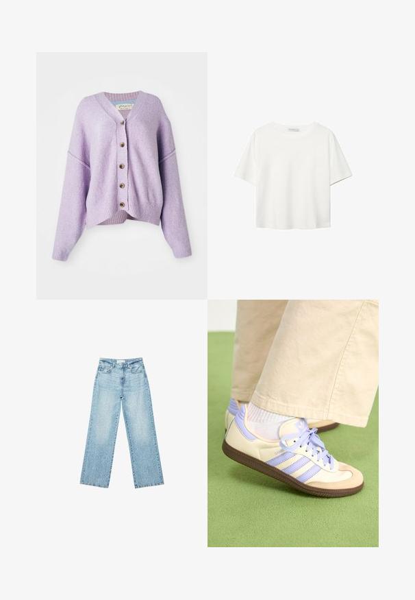 Fialový svetr s výstřihem do V, oversize střihem, žebrovaným lemem a předním zapínáním na pět knoflíků. Měkká textura s jemným tkaným vzorem.; Bílý krátký rukáv tričko vyrobené z bavlny. Má kulatý výstřih a volný střih. Hladký materiál bez viditelných vzorů nebo akcentů.; Světle modré džíny s širokými nohavicemi a vysokým pasem, s bledým odstínem a malými, rozptýlenými detaily opotřebení po celém povrchu.; Krémové a levandulové tenisky se třemi pruhy a texturovanou hnědou podrážkou, vybavené tkaničkami a polstrovanou patou. Měkký textilní svršek.