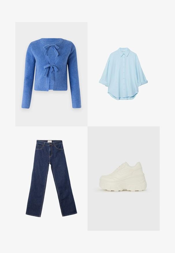 Blå stickad kofta med en strukturerad yta, som har två framåtbågar för stängning och långa ärmar. Öppen framsidesdesign.; Ljusblå skjorta i mjukt tyg, med klassisk krage, knäppning framtill och uppvikt ärmar för en avslappnad passform.; Mörkblå raka jeans med framfickor, bälteshällor och knappstängning.; Vita plattformssneakers med en slät läderliknande överdel, rundad form, vadderad krage och texturerad gummisula med definierade mönster.
