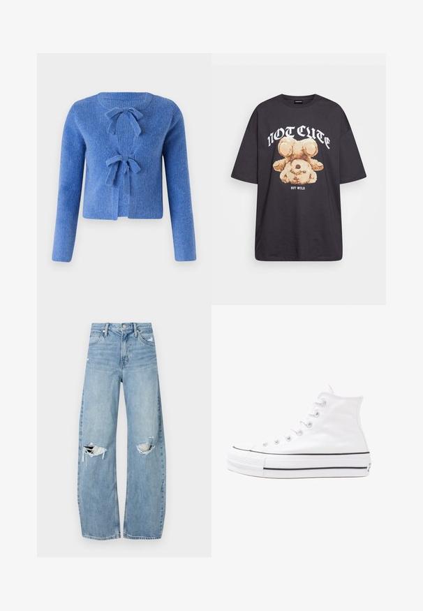 Blauer gestrickter Cardigan mit strukturiertem Finish, ausgestattet mit zwei vorderen Schleifen zum Verschließen und langen Ärmeln. Offenes Frontdesign.; Schwarzes, übergroßes T-Shirt mit einem Grafikdruck eines Bären und dem Text "NICHT SÜß, SONDERN WILD" in fetter, weißer Schrift. Baumwollmaterial.; Helles, hochtailliertes Jeans aus Denim. Hat weit geschnittene Beine, zwei aufgerissene Kniebereiche und klassischen Fünf-Taschen-Stil.; Weiße hochwertige Leinensneaker mit schwarzer Gummisohle, vorderem Gummizehenschutz und sechs Ösen für Schnürsenkel, die ein sauberes, minimalistisches Design aufweisen.