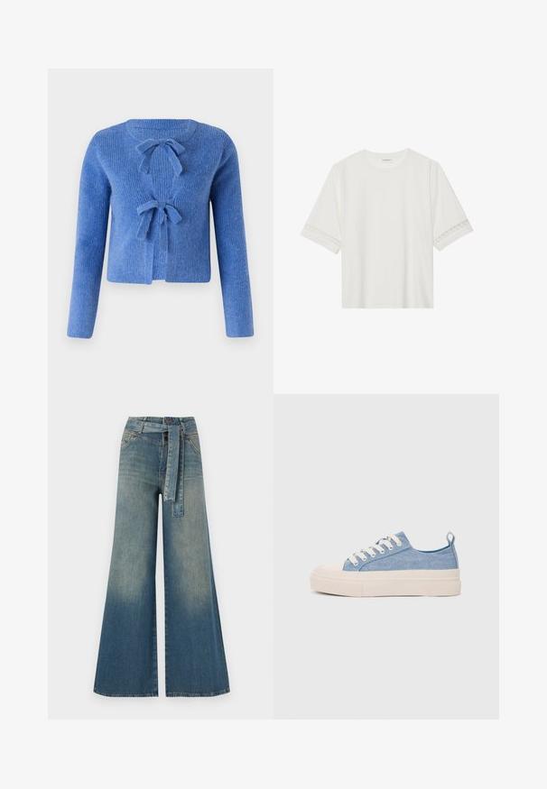 Blue knitted cardigan with a textured finish, featuring two front bows for closure and long sleeves. Open front design.; White short-sleeve t-shirt made from cotton, featuring decorative lace trim along the sleeves and a round neckline.; Wide-leg denim trousers featuring a light to dark blue gradient, high waist, belt loops, and a matching fabric belt. Textured denim finish.; Light blue canvas sneakers with a cream rubber toe cap and outsole, featuring white laces and a pull tab on the heel.
