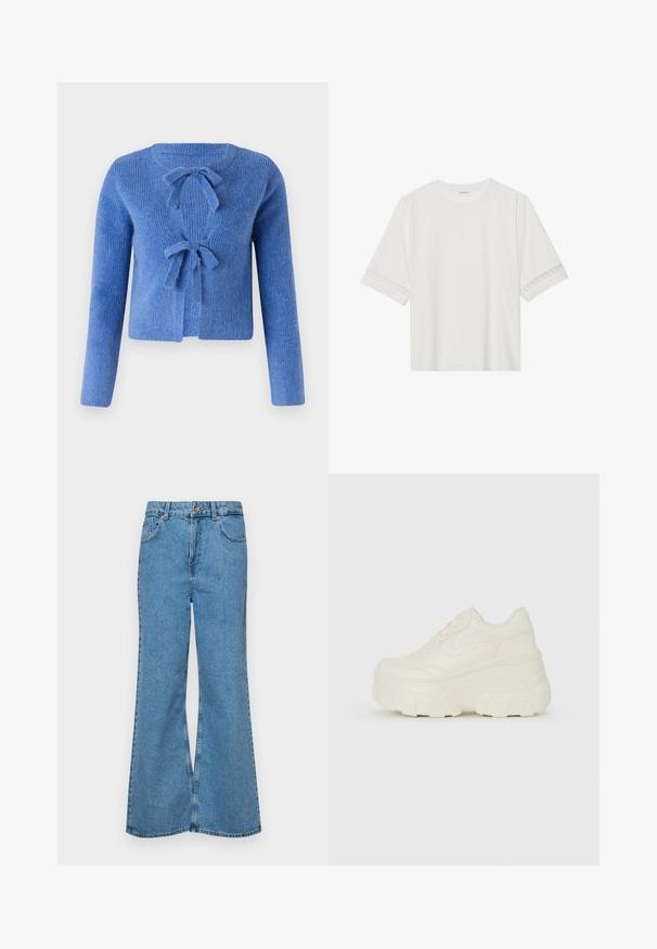 Cardigan tricotat albastru cu un finisaj texturat, având două funde frontale pentru închidere și mâneci lungi. Design cu deschidere în față.; Tricou alb cu mânecă scurtă, confecționat din bumbac, cu dantelă decorativă pe marginea mânecilor și un guler rotund.; Jeanși evazați de culoare albastru deschis, din denim, cu talie înaltă, cinci buzunare și închidere cu un singur buton. Textură moale cu un finisaj decolorat.; Adidași platformă albi, cu un superior neted asemănător cu pielea, formă rotunjită, guler căptușit și talpă din cauciuc texturată cu borduri bine definite.