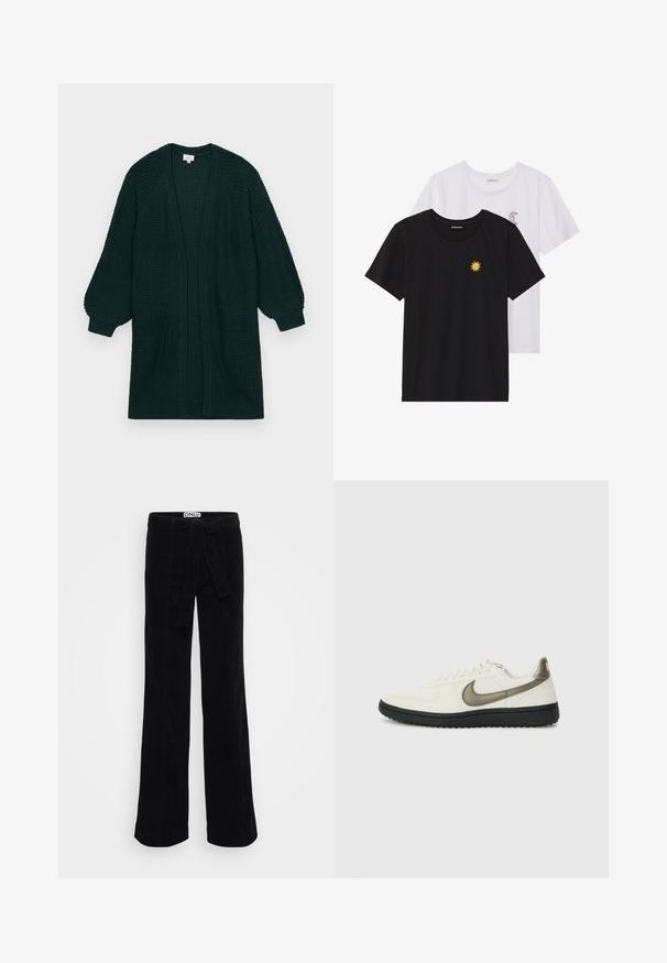 ONLY Carmakoma CARMIRLA NEW LS   - Vesta na kopčanje - dark green; Crne i bijele majice, okrugli izrez, kratki rukavi. Crna majica ima žuti vez suncem; bijela majica ima ljubičasti naglasak u obliku polumjeseca.; Crne široke hlače od kordura s tkanim remenom, s diskretnim detaljima šivanja i prilagodljivim strukom za stilizirani izgled.; Nike Sportswear FIELD GENERAL - Tenisice - off-white/black