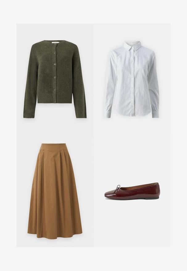 Green cardigan made from textured knit material, featuring a round neckline, long sleeves, and six front buttons.; White button-up shirt made of smooth cotton, featuring a classic collar, long sleeves, and a curved hem. Buttons are small and white.; Brown cotton A-line skirt with a high waist, featuring pleats down the front and a smooth texture. Hem finishes are clean and simple.; Burgundy patent leather ballet flat with a rounded toe, small bow accent at the front, and a low, black rubber sole. Smooth texture.