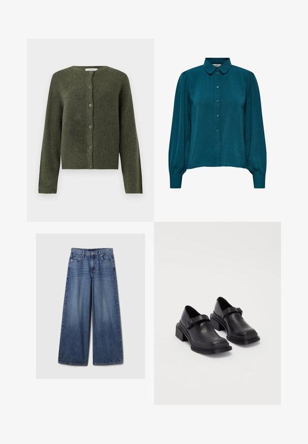 Zaļš kardigāns, izgatavots no struktūrētas adītas materiāla, ar apaļu apkakli, garām piedurknēm un sešām pogām priekšpusē.; Teal krāsu blūze ar apkakles izgriezumu, pogu priekšpusi un garām piedurknēm. Izgatavota no teksturēta auduma ar savelktām piedurkņu galotnēm.; Platām kājām zila denima bikses ar izbalējušu apdari, ar pogu un rāvējslēdzēju, pieciem kabatām un jostu cilpām.; Melnas ādas kurpes ar noapaļotu purngalu, plakanu zoli un siksniņu ar sprādzi. Masīvs bloku papēdis papildu stabilitātei.