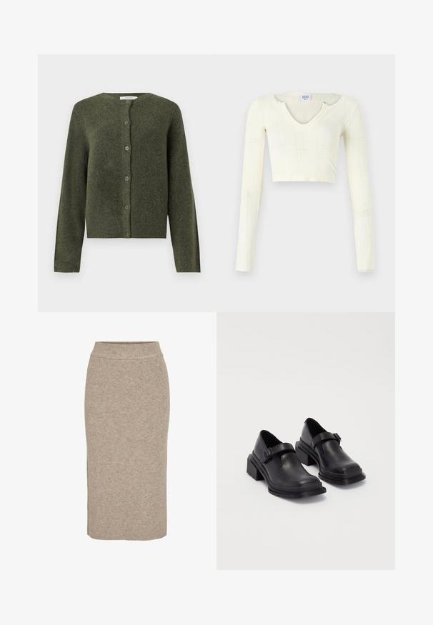 Zaļš kardigāns, izgatavots no struktūrētas adītas materiāla, ar apaļu apkakli, garām piedurknēm un sešām pogām priekšpusē.; Kopš topa no off-white adīšanas materiāla. Garas piedurknes ar ribu tekstūru un maziem izgriezumiem ap kaklu.; Trikotāžas zīmuļsvārki gaismas bēšā krāsā, ar ribotu tekstūru, augsto jostasvietu un šaura piegriezuma siluetu. Apmale krīt zem ceļgala.; Melnas ādas kurpes ar noapaļotu purngalu, plakanu zoli un siksniņu ar sprādzi. Masīvs bloku papēdis papildu stabilitātei.