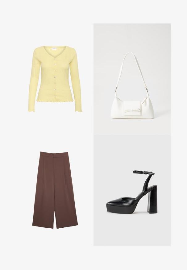 Ljusgul cardigan med ribbat mönster, V-ringning, långa ärmar och sex knappar. Har en volangkant och fint detaljerat mönster.; Vit ärmlös topp med rundad halsringning, featuring en subtil textur, detalj med nyckelhål i ryggen och rak nederkant.; Bruna vida byxor med en slät textur, som har hög midja och framfickor. Tyget är lätt och flödar löst.; Svarta plattformsskor med spetsig tå och justerbart vristband. Tillverkade av mjukt läder, med en kraftig blockklack.; Vit syntetisk handväska med triangulär form, platt framklaff och rosettdetalj, justerbar rem, slät textur och minimalistisk design.