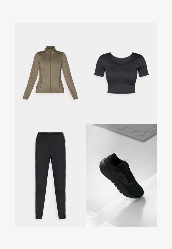 ONLY Play ONPJETTA - Jachetă din fleece - kalamata; Top crogat negru cu nervuri, cu mâneci scurte, guler larg rotund și o bandă ajustată la baza acestuia. Textură moale, design casual.; Colanți negri din material elastic. Talie înaltă, croială ajustată, cu dungi albe pe laturile exterioare. Textură netedă.; Pantof de atletism negru cu un material superior din plasă, vârf rotund, talpă cu amortizare și accente texturate, plasat pe o suprafață albă netedă.