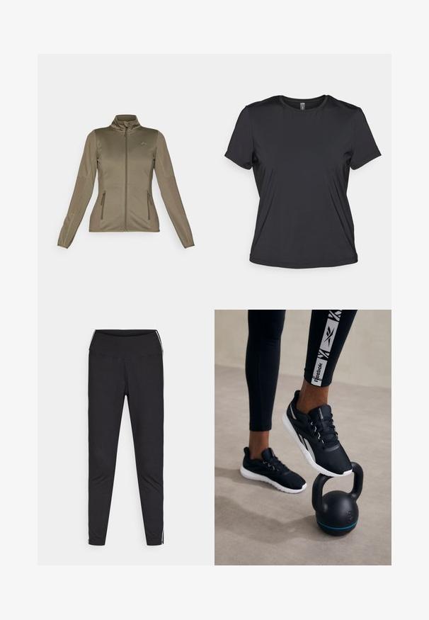 ONLY Play ONPJETTA - Flisinė striukė - kalamata; Juodas trumpomis rankovėmis marškinėliai, pagaminti iš lygaus, lengvo audinio, su apvalia iškirpte ir laisvu siluetu. Be siūlių konstrukcija suteikia komfortą.; Juodos tamprės pagamintos iš elastingos medžiagos. Aukštas juosmuo, siaurėjantis fasonas, turi baltus šoninius raštus palei išorinius siūlus. Lygus paviršius.; Juodi sportiniai bateliai su tekstūruotu viršumi, balta padas ir pilkų akcentų, padėti ant juodo ketlebelo su mėlynu dryžiu, prieš neutralų foną.