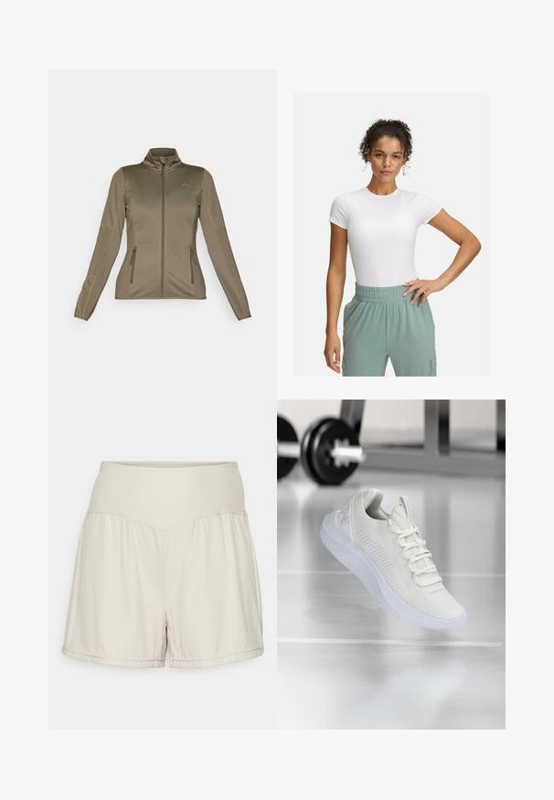 ONLY Play ONPJETTA - Flísová bunda - kalamata; Biely priliehavý tričko s krátkymi rukávmi, kombinované s nohavicami so svetlozeleným elastickým pásom. Hladká textúra, minimalistický dizajn a žiadne viditeľné vzory.; Svetlo béžové šortky s textúrovaným rebrovaným pásom, voľným strihom a pohodlným fitom. Obsahujú prešité lemy a postranné rozparky pre väčšiu flexibilitu.; Biele atletické tenisky s textúrovaným sieťovým zvrškom a systémom šnurovania, so zvýšenou bielou podrážkou a jemnými ryhovanými akcentmi.