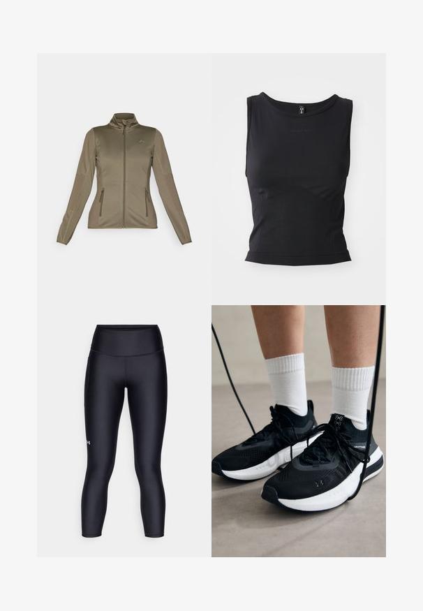 ONLY Play ONPJETTA - Veste polaire - kalamata; Haut sportif sans manches noir fabriqué à partir d'un tissu lisse, présentant un col rond et une silhouette ajustée avec un discret logo.; Leggings noirs en tissu lisse et extensible. Conception taille haute avec un ajustement près du corps et un petit logo sur la jambe gauche.; Chaussures de sport noires en tissu texturé, avec une semelle blanche et des lacets noirs. Portées avec des chaussettes blanches côtelées, debout sur une surface claire.