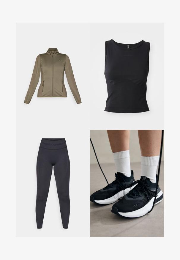 ONLY Play ONPJETTA - Polárdzseki - kalamata; Fekete ujjatlan sporttop, sima anyagból készült, kerek nyakkivágással és testhezálló fazonnal, finom logóval díszítve.; Fekete leggings magas elasztikus derékkal, amelyen az "UNDER ARMOUR" felirat szerepel. Sima textúra, finom mintázat kiemelésekkel a lábak mentén.; Fekete sportcipők textúrált anyagból, fehér talppal és fekete fűzőkkel. Fehér bordázott zoknikkal viselve, világos felületen állva.