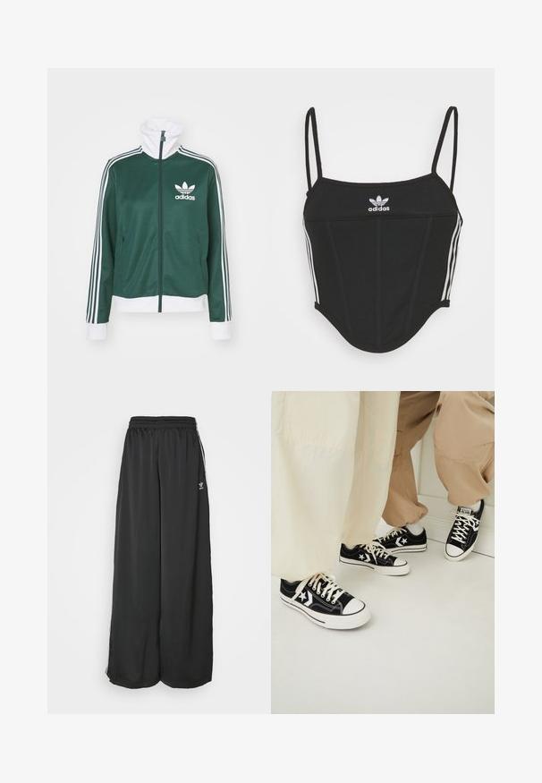 Ciemnozielona kurtka zapinana na zamek błyskawiczny z wysokim kołnierzem, białymi akcentami i trzema białymi paskami na rękawach. Z przodu znajduje się logo Adidas na lewej piersi.; Czarny prążkowany top krótki z regulowanymi cienkimi ramiączkami, z trzema białymi paskami po bokach i małym białym logo Adidas na środku.; Czarne, luźne spodnie dresowe wykonane z gładkiego materiału. Posiadają elastyczny pas i boczne paski z akcentami logo.; Czarne trampki na canvasie z białymi gumowymi podeszwami, ozdobione białymi gwiazdami i czarnymi sznurówkami, w zestawieniu z jasnobeżowymi i kremowymi spodniami.