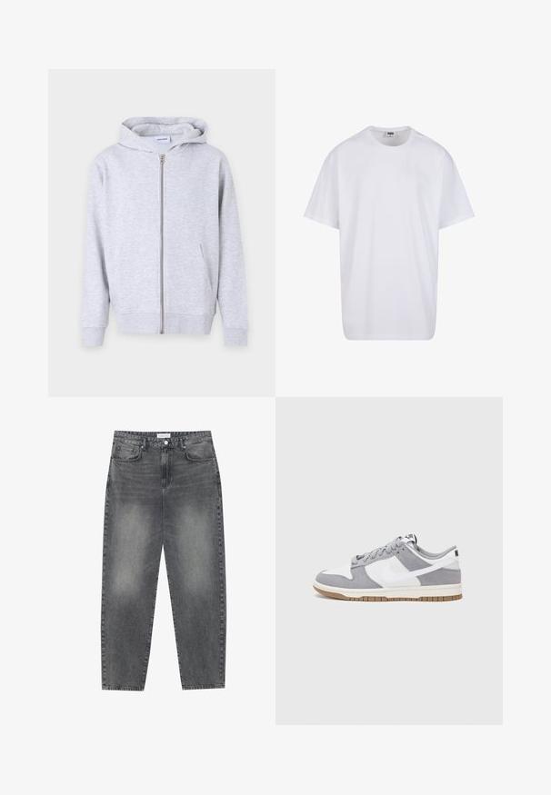 Sivi dukserica na zatvaranje sa mekanim materijalom, koja ima kapuljaču, prednje džepove, rebraste manžetne i ravni rub.; Bijela pamučna majica s kratkim rukavima, zaobljenim izrezom, opuštenog kroja, bez vidljivih logotipa ili uzoraka. Glatka tekstura i minimalni dizajn.; Traperice visokog struka, širokog kroja u izblijedjelom crnom denimu. Imaju pet džepova, petlje za remen, i čist, ravni kroj nogu.; Sivi i bijeli tenisice s gornjištem od antilopa i kože, okruglim vrhom, ravnim vezicama i gumenim potplatom s dodatkom boje gume.