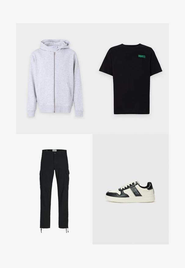 Sivá mikina na zips vyrobená z mäkkého materiálu, s kapucňou, prednými vreckami, rebrovanými manžetami a rovný lemom.; Čierne tričko s krátkymi rukávmi vyrobené z bavlny. Na prednej strane má zelené logo "ROOTS", okrúhly výstrih a štandardný strih.; Čierne cargo nohavice so striha s priamym strihom, s bočnými vreckami, zapínaním na gombík a elastickými šnúrkami na členkoch. Vyrobené z odolnej tkaniny.; Kožené tenisky v čierno-krémovej farbe, s perforovanými akcentmi, polstrovaným golierom a štruktúrovanou podrážkou.