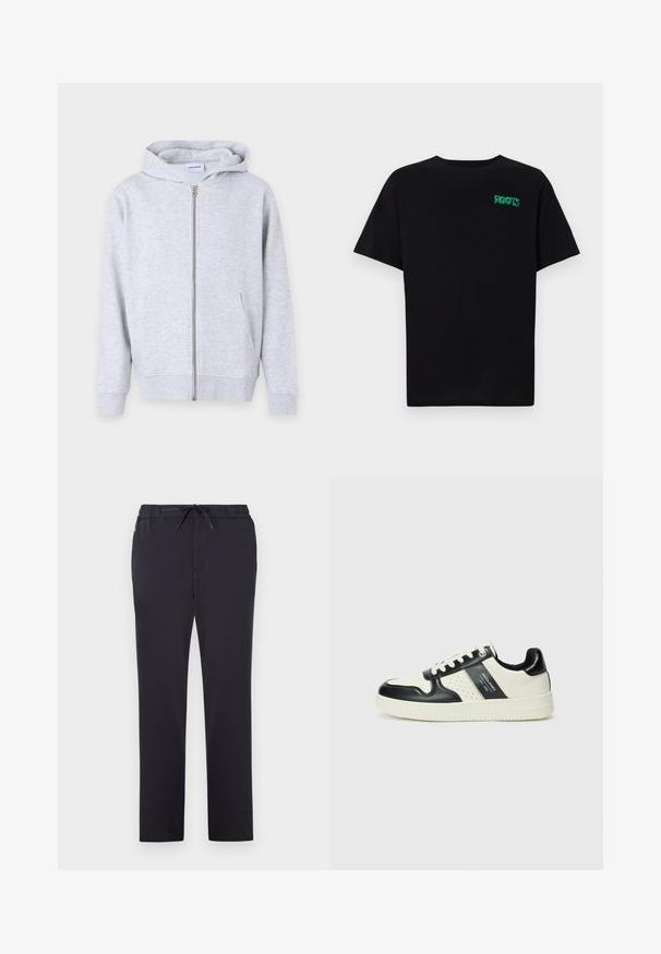 Gray zip-up hoodie made of soft fabric, featuring a hood, front pockets, ribbed cuffs, and a straight hem.; Black t-shirt made of cotton with short sleeves. Features a green "ROOTS" logo on the front, round neckline, and standard fit.; Black athletic pants made of soft fabric with an elastic waistband, adjustable drawstring, and straight-leg design. No visible patterns or embellishments.; Leather sneakers with a black and cream color scheme, featuring perforated accents, a padded collar, and a textured outsole.