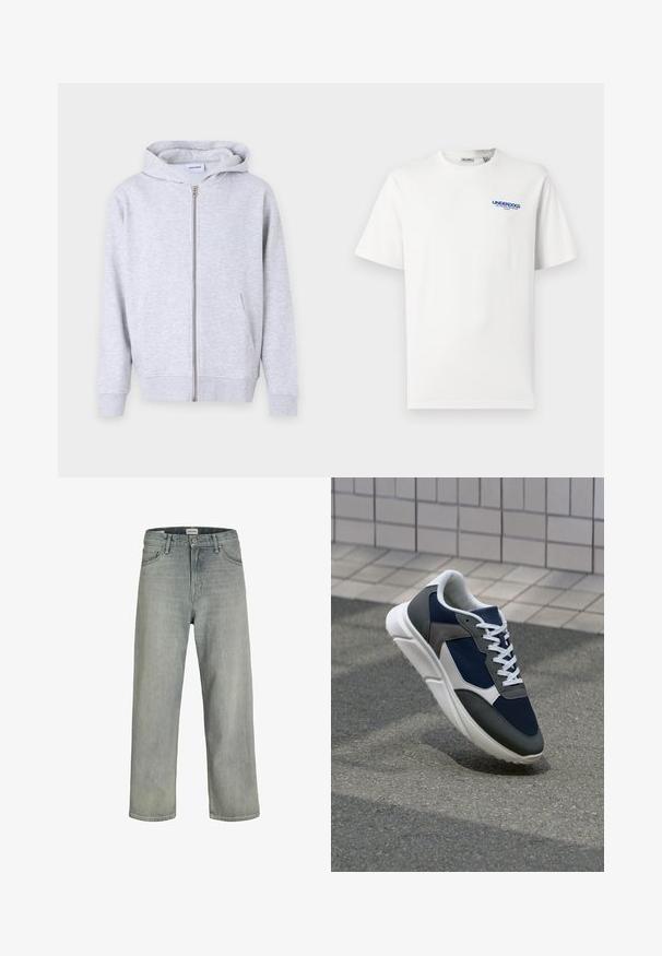 Felpa grigia con zip realizzata in tessuto morbido, dotata di cappuccio, tasche frontali, polsini a coste e orlo dritto.; T-shirt bianco a maniche corte con collo rotondo, con una piccola scritta blu "UNDERDOGS" e un ulteriore testo più piccolo sul lato sinistro del petto.; Jeans grigi chiaro, con vestibilità comoda, realizzati in denim. Presentano un classico design a cinque tasche, passanti per cintura e una silhouette a gamba dritta.; Sneaker con tomaia in rete blu navy, inserti in suede grigio, suola in gomma bianca e lacci bianchi piatti, progettata per comfort e traspirabilità.