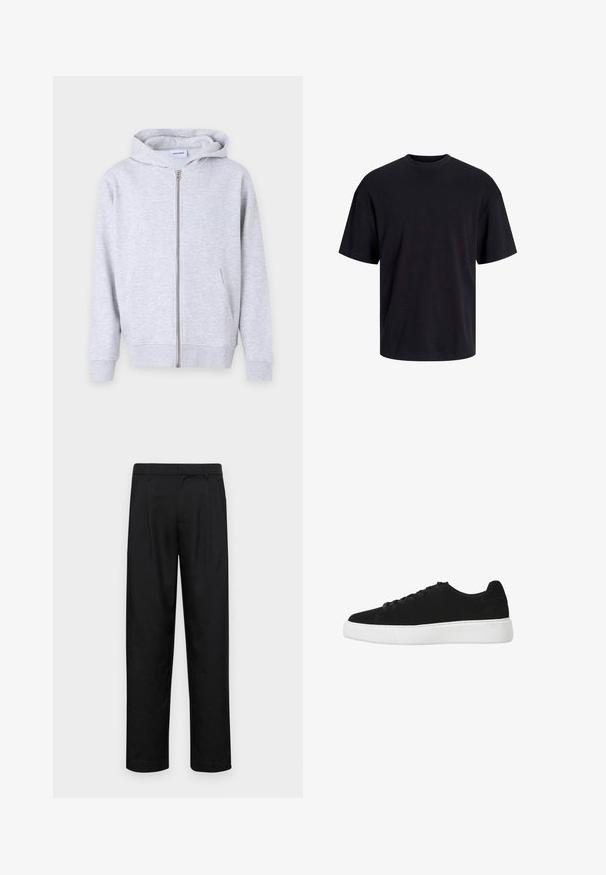 Hallitusseente särk, millel on pehme kangas, kätik, eesmine taskud, soonikkoes mansetid ja sirge äär.; Must must on mustre, lühikeste varrukatega ja vabalt langev. Sile tekstuur ja ilma nähtavate mustrite või aktsentideta.; Mustad mustadest riietest, millel on sirge jalgade disain, kaks eesmist voltimist ja tavaline vöökoht, millel on vöökohad.; Must musta ketsid ümarate varvastega, lukk ees ja valge kummist taldadega. Lihtne disain minimaalse aktsentiga ja siledat tekstuuri.