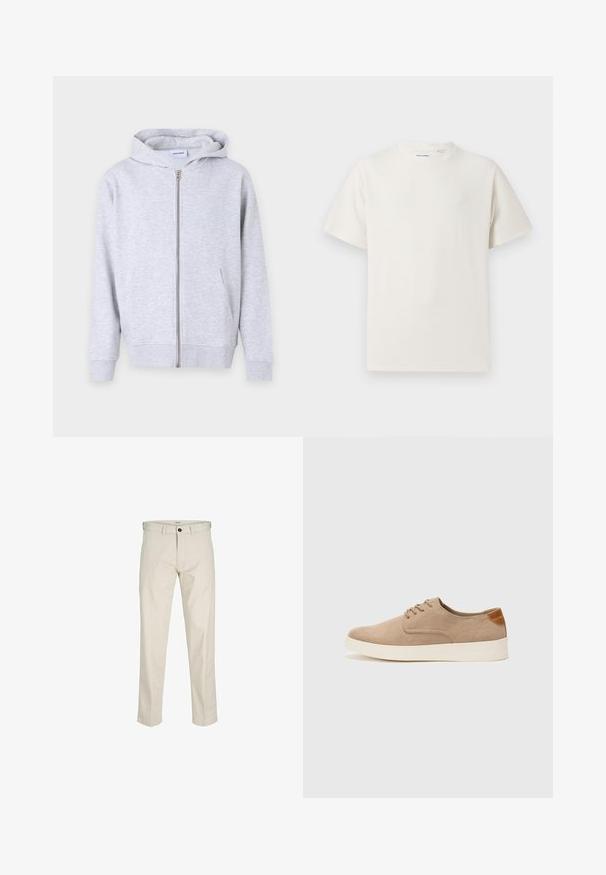 Szürke cipzáras kapucnis pulóver puha anyagból, kapucnival, elülső zsebekkel, bordázott mandzsettával és egyenes szegéllyel.; Fehér, rövid ujjú póló bordázott textúrával. Kerek nyakkivágás, laza szabás, nincs látható minta vagy díszítés. Egyszerű és sokoldalú dizájn.; Beige pamut nadrág, egyenes fazonnal, gombos zipzárral, elülső zsebekkel és varrott varratokkal. Sima textúra, minimális részletezés és minta nélküli.; Beige velúr sportcipő, kerek orral, fűzős elülső résszel és textúrált hátsó részlettel. Fehér gumitalp kontrasztot ad. Egyszerű és modern design.