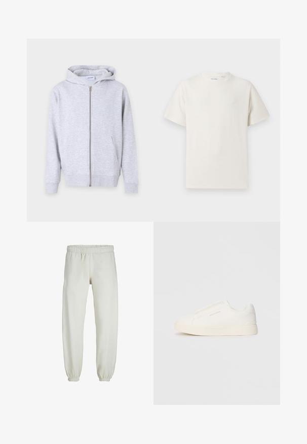 Pilkas zip-up džemperis, pagamintas iš minkštos medžiagos, su kapišonu, priekinėmis kišenėmis, gumuotais rankogaliais ir tiesia apatine dalimi.; Balta trumpa rankovė T-polo marškinėlių su juostelėmis tekstūra. Apvalus iškirpimas, laisvas fasonas, jokių matomų raštų ar akcentų. Paprastas ir universalus dizainas.; Baltos sportinės kelnės, pagamintos iš minkštos medžiagos, su elastinga juosmeniu ir rankogaliais, turinčios lygią tekstūrą ir laisvą siluetą.; Baltos slip-on sportbačiai su tekstūruota paviršiumi, storesniu padu ir minimalistišku dizainu. Šone matosi prekės ženklo logotipas.