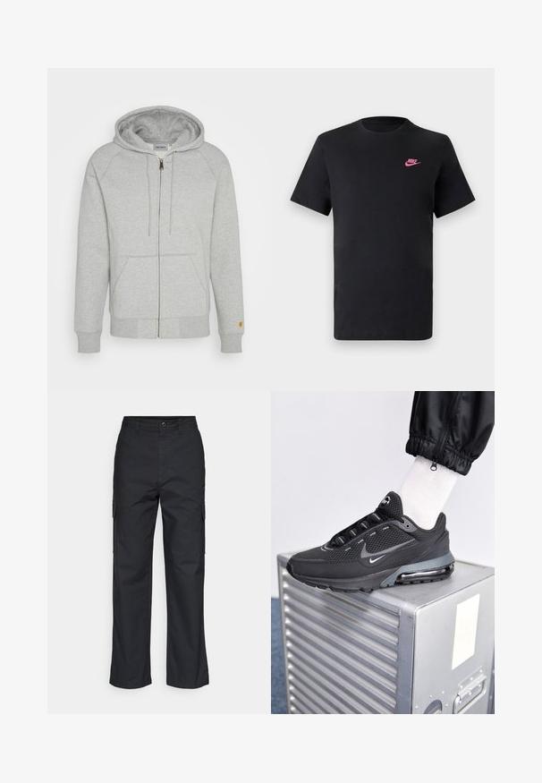 Graue Zip-Hoodie aus weichem Baumwollmix, mit Kapuze, Vordertaschen, gerippten Bündchen und Saum sowie einem goldenen Logo-Detail am Ärmel.; Schwarzes Baumwoll-T-Shirt mit rundem Ausschnitt und kurzen Ärmeln. Mit einem pinken Nike-Logo auf der oberen linken Seite. Glatte Textur.; Schwarze Cargo-Hosen mit geradem Schnitt, ausgestattet mit Seitentaschen und einem strukturierten Stoff. Knopfverschluss an der Taille für einen sicheren Sitz.; Nike Sportswear PULSE - Sneaker low - black/anthracite