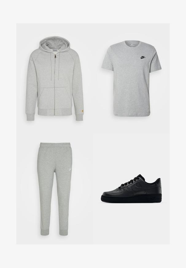 Hanorac gri cu fermoar dintr-un amestec moale de bumbac, având glugă, buzunare frontale, manșete și tivuri ribbate, cu un accent de logo auriu pe mânecă.; Tricou gri cu mânecă scurtă, fabricat din bumbac, având un logo negru Nike pe piept și un decolteu rotund. Design minimalist, fără modele.; Pantaloni de trening gri, dintr-un material moale, cu un design tapered pentru picioare, talie elastică și un mic logo alb Nike pe coapsa stângă.; Adidașii negri Nike Air Force 1 cu un exterior din piele netedă, vârf perforat pentru respirabilitate, șireturi negre și o talpă din cauciuc texturată.