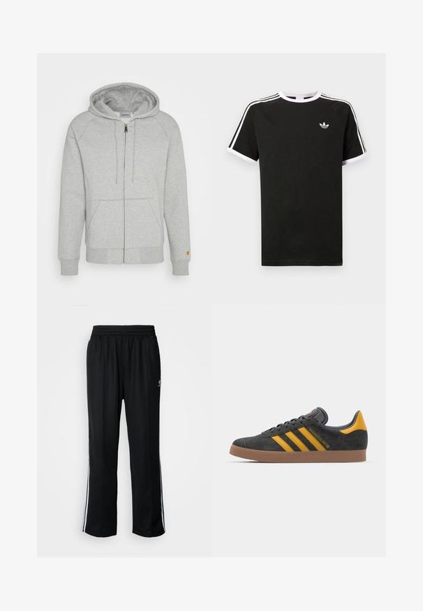 Pilkas zip-up džemperis iš minkštos medvilnės mišinio, turintis gobtuvą, priekines kišenes, gumbuotus rankogalvius ir apačią, su auksiniu logotipo akcentu ant rankovės.; Juodas medvilninis marškinėlis su baltais akcentais. Yra trumpomis rankovėmis, raglano stiliaus, ir mažas logo ant krūtinės. Ant pečių yra trys balti dryžiai.; Juodi sportiniai keliai su elastingu juosmeniu, su baltais šonais ir mažu logotipu. Atrodo, kad medžiaga yra minkšta ir lengva.; Juodas zomšinės sportbačiai su geltonais akcentais, turintys tris juosteles ir rudą gumos padą. Apima paminkštintą liežuvėlį patogumui.