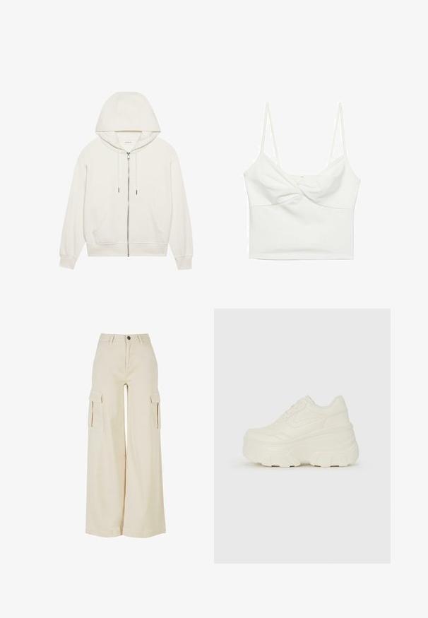Vit zip-up hoodie gjord av mjukt tyg. Har en huva med snörning, framfickor och ribbade ärmslut. Enkel, minimalistisk design.; Vit kort tanktopp med tunna spagettiärm, med en vriden framsidesdesign och slät yta. Tillverkad av stretchigt tyg.; Beiga vida cargobyxor i bomull, med två stora sidofickor, knappstängning fram och en snygg fåll.; Vita plattformssneakers med en slät läderliknande överdel, rundad form, vadderad krage och texturerad gummisula med definierade mönster.